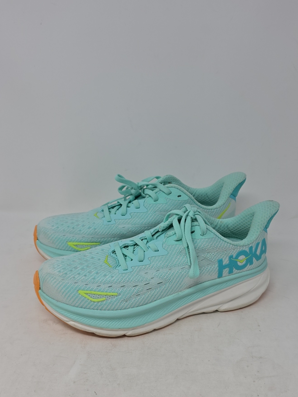 Hoka Clifton 9 Mint Teal Running Shoes with Neon Yellow and Orange Accent Size 9